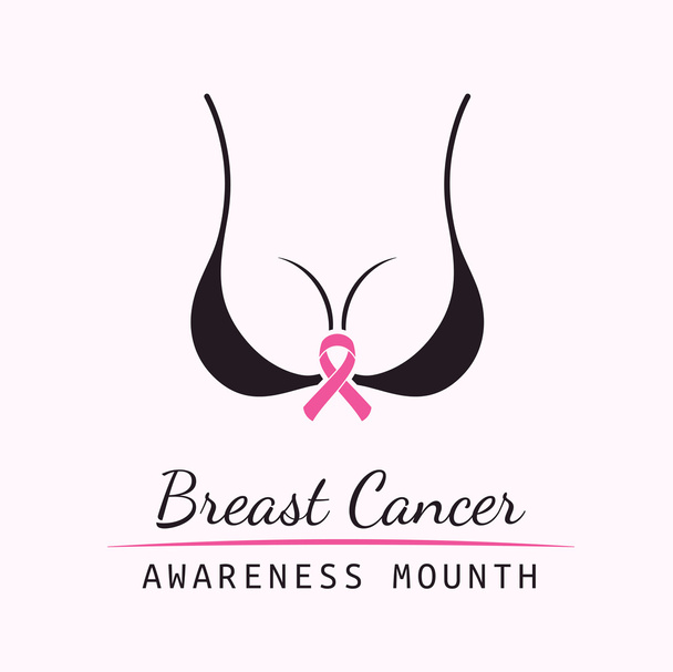 Breast Cancer October. Female bra. Information campaign. Woman body silhouette and text with pink ribbon element on a white background - Vector, Image