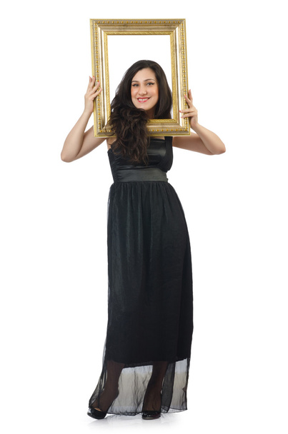 Woman with picture frame on white - Foto, Bild