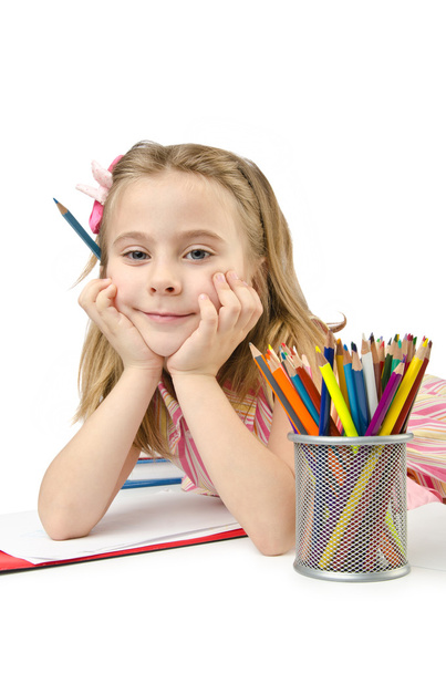 Little girl writing with pencils - Fotoğraf, Görsel