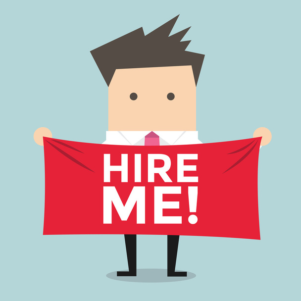Businessman holding a banner for hiring - Vector, Image
