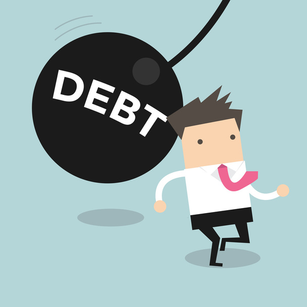 Üzletember fut el hatalmas inga üzenet "adósság", a pénzügyi válság adó teher fogalma - Vektor, kép