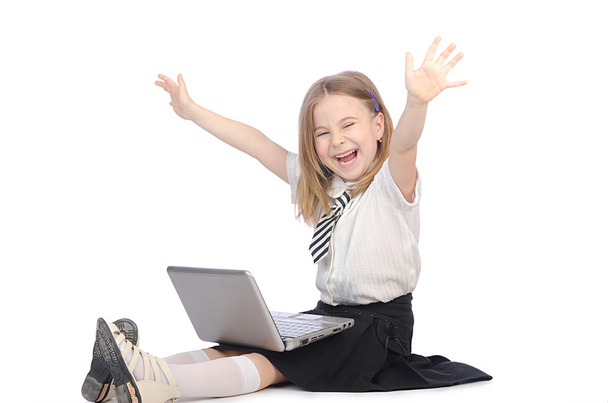 Menina bonito com laptop no branco
 - Foto, Imagem