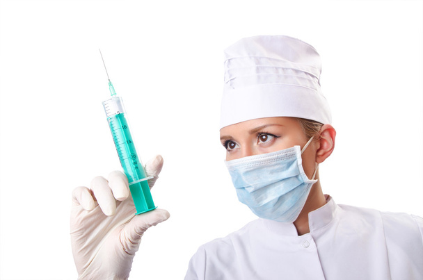 Woman doctor with syringe on white - Zdjęcie, obraz