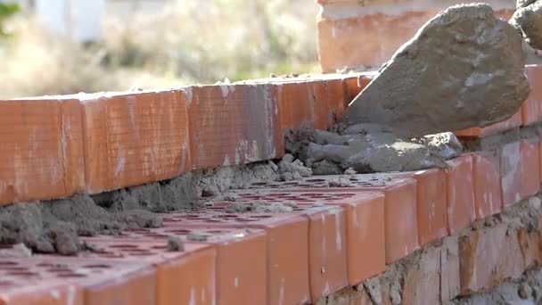 Rękami budowniczego umieścić zaprawy cementowej. Ręka sprawia, że mur z cegły. - Materiał filmowy, wideo