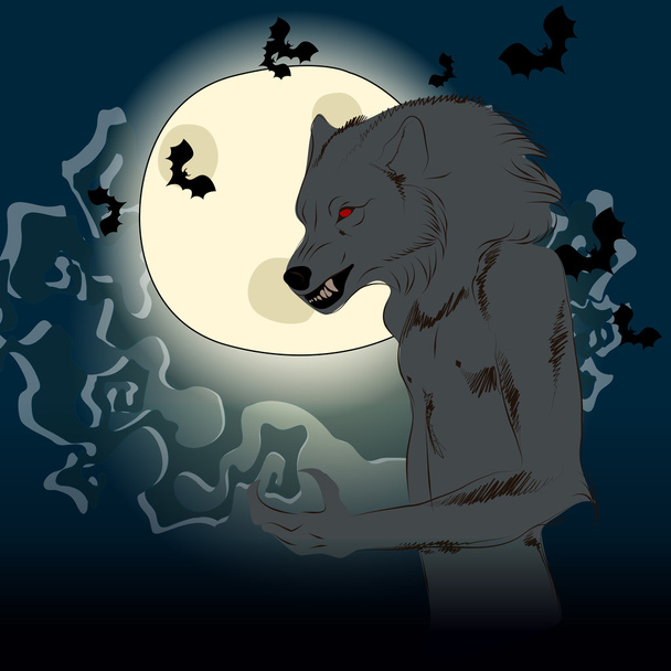 ilustração de Halloween com lobisomem e lua cheia
 - Vetor, Imagem