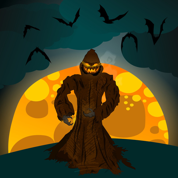 Ilustración de Halloween con Jack O 'Lantern, luna llena y murciélagos
 - Vector, imagen