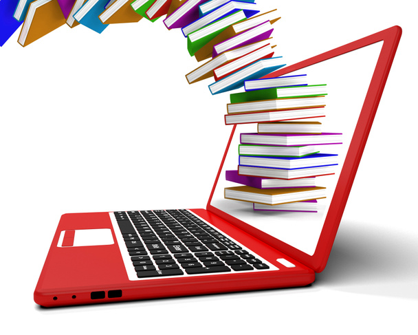 Pila de libros que vuelan desde la computadora muestra el aprendizaje en línea
 - Foto, Imagen
