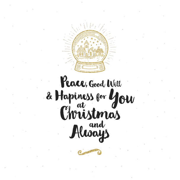 Christmas greeting card - Calligraphy greeting and glitter gold snow globe with winter town. - Vector, afbeelding