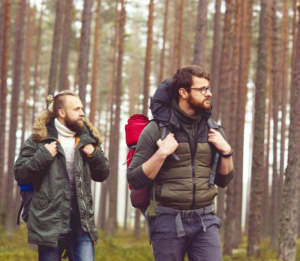 Young men hiking in forest  - Φωτογραφία, εικόνα