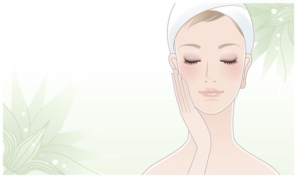 Beautiful girl, young woman touching her face with closed eyes on a green flower background. - Vector, Image