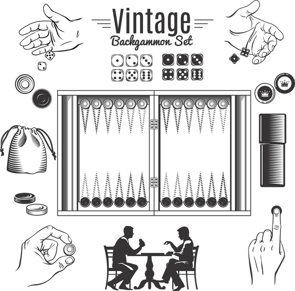 Backgammon Vintage Style Elements Set - Vector, imagen