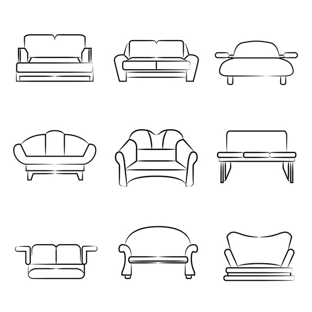 sofá iconos, boceto sofá, conjunto de iconos de silla, concepto de diseño de interiores
 - Vector, imagen