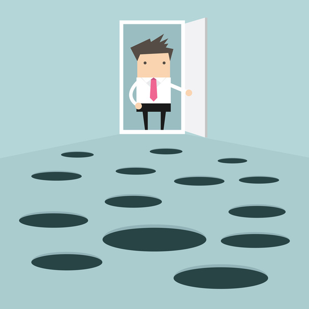 Businessman open the door and looks at hole on the ground - Vector, Image