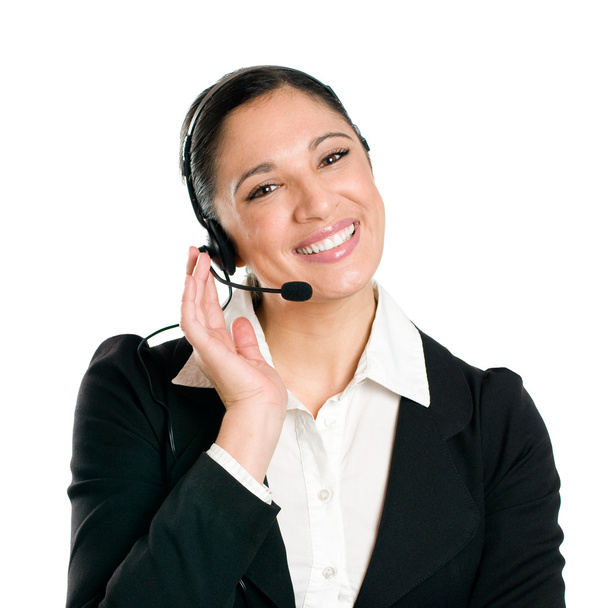 Smiling business woman operator with headset - 写真・画像