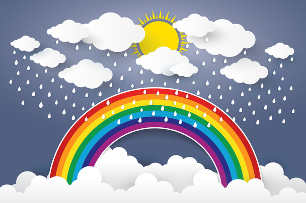 Cloud in Blue sky with Rain and Rainbow Paper art Style.vector I - Vector, imagen