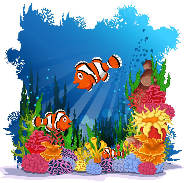 funny clown fish with sea life background - Photo, Image