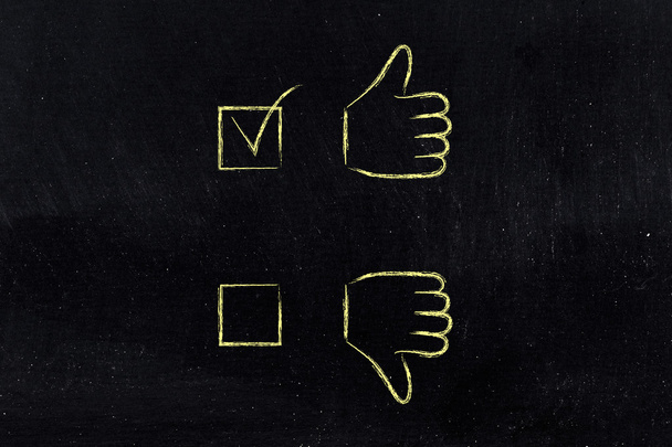 thumbs up or thumbs down, positive case ticked - Foto, Imagen