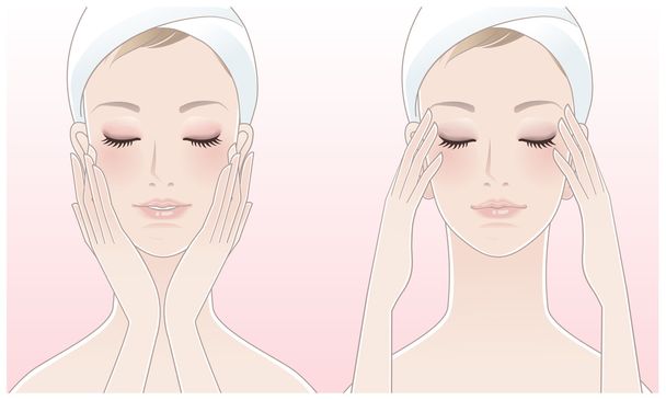 Beautiful young woman pressing temples, Touching her face after beauty treatment. - Vector, Image