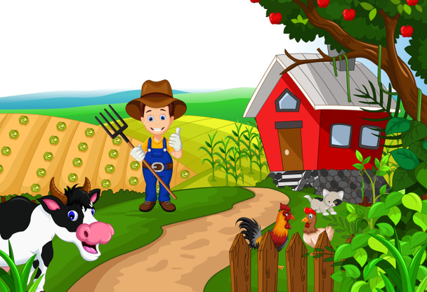 фермер на своей ферме с группой сельскохозяйственных животных
 - Фото, изображение