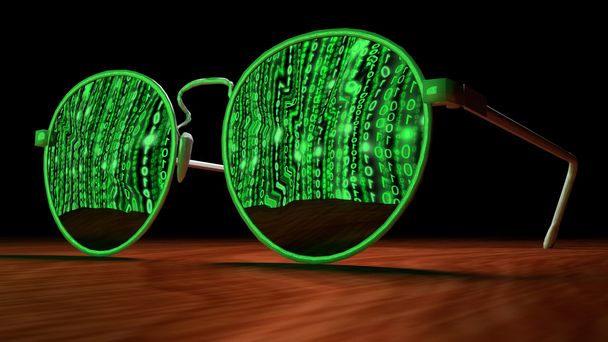 Koncepce kybernetické bezpečnosti s brýle odráží zelené matice sc - Fotografie, Obrázek