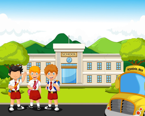 funny two student with bus stop and School Building background - Photo, Image