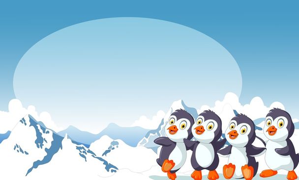 смішний чотири пінгвіна мультфільм зі сніговим гірським пейзажним фоном
 - Фото, зображення
