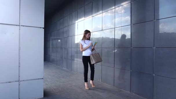 Femme d'affaires travaille près du centre d'affaires parle au téléphone marche avec des documents
 - Séquence, vidéo