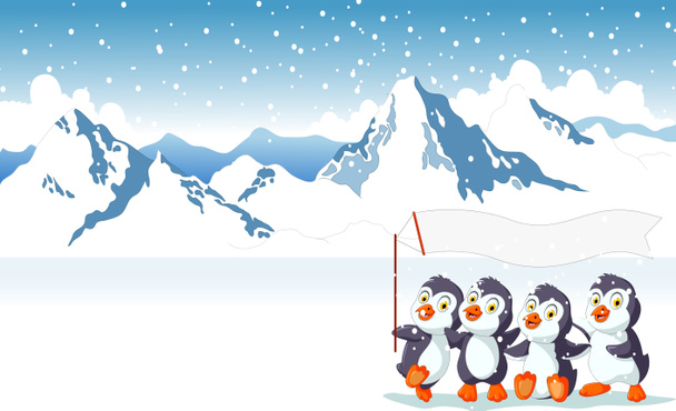 смішний мультфільм пінгвіна тримає прапор зі сніговим гірським пейзажним фоном
 - Фото, зображення