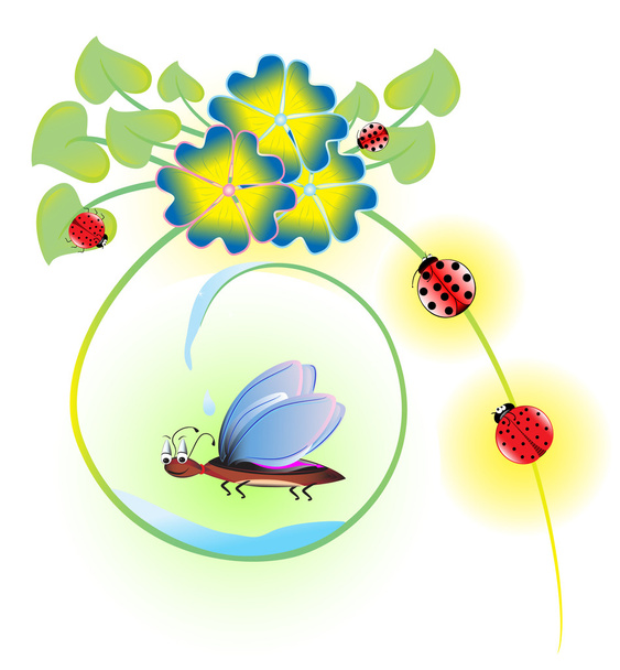 Illustration of beetles, ladybugs, and bright flower - Φωτογραφία, εικόνα