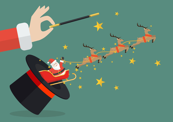 Weihnachtsmann mit Rentierschlitten fliegt aus dem Zauberhut - Vektor, Bild