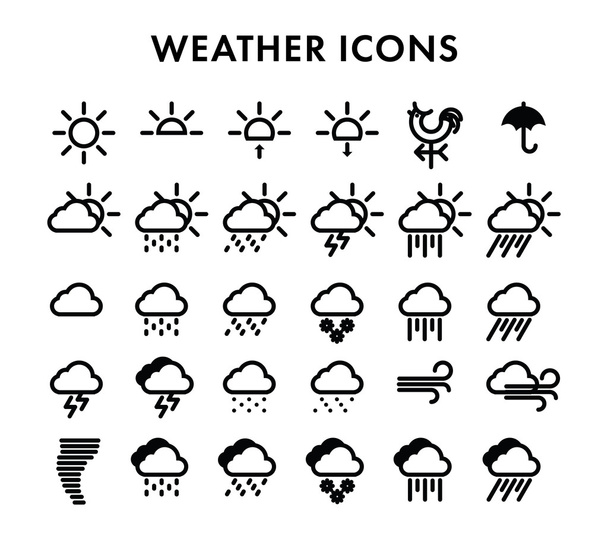 iconos, tiempo, icono, conjunto, símbolo, tela, clima, el sol, nubes, lluvia, granizo, nieve, relámpago, tormenta, viento, paraguas, veleta, mal tiempo, huracán
 - Vector, Imagen