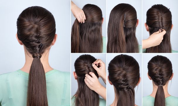 hairstyle ponytail with twist hair tutorial - Photo, Image