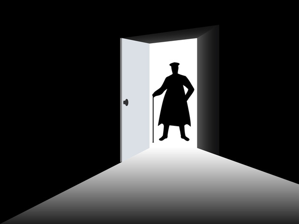 ドアを開けてのマントの男のシルエット。暗い部屋の入り口に杖を持つ男。開いているドアからの光。ベクトル図. - ベクター画像