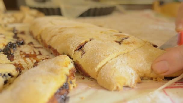 hand expert cuts accurately the homemade strudel - Záběry, video