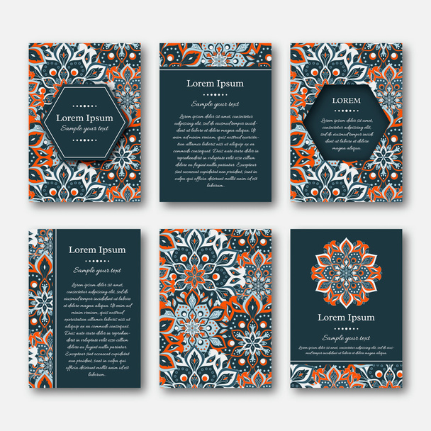 Set of cards, flyers, brochures, templates with hand drawn mandala pattern. Vintage oriental style. Indian, asian, arabic, islamic, ottoman motif. Vector illustration. - Διάνυσμα, εικόνα