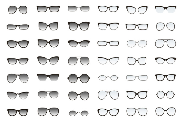 Conjunto de formas de óculos para diferentes tipos de rosto. Muitos tipos de óculos de sol. Coleção de moda vetorial
. - Vetor, Imagem