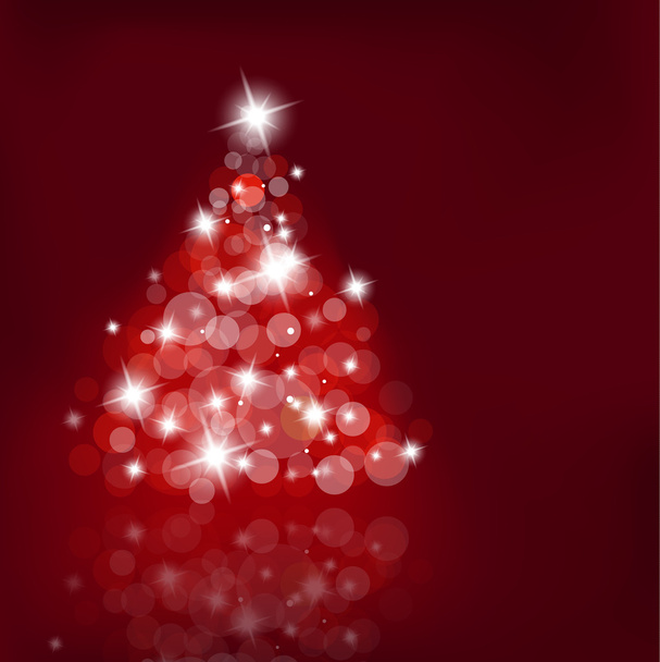赤の背景に多くのレンズフレアとクリスマス ツリーのライトアップ - ベクター画像