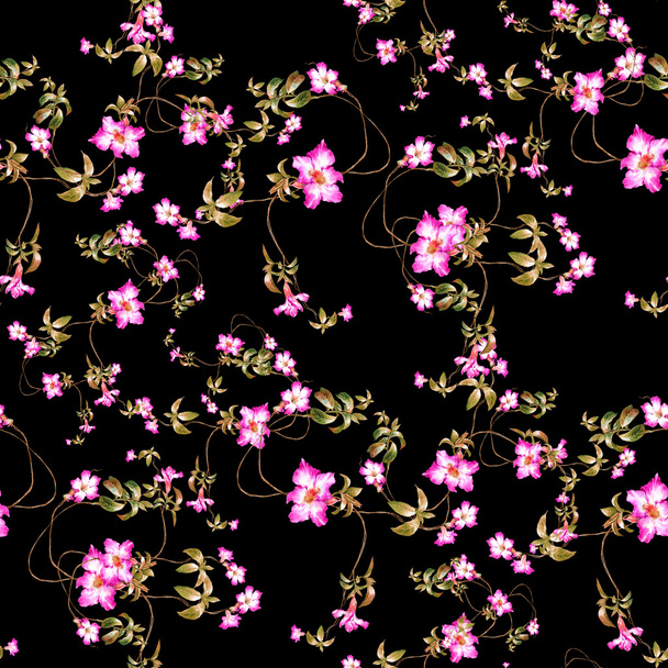 Pintura de acuarela de hojas y flores, patrón sin costuras  - Foto, imagen