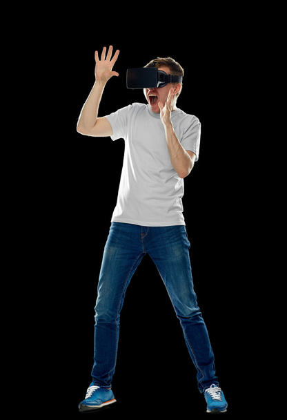 man in virtual reality headset or 3d glasses - Фото, изображение