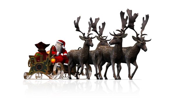 Santa Claus con trineo y renos - aislado sobre fondo blanco
 - Foto, imagen