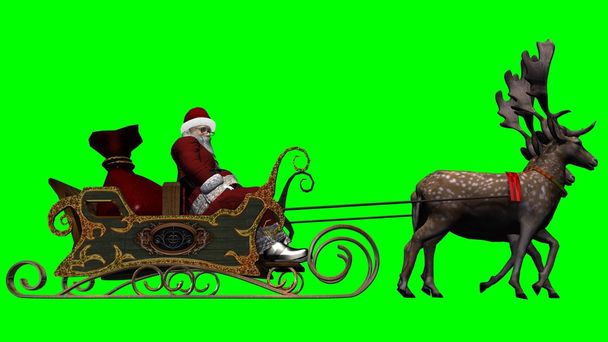 Санта-Клаус с санями и оленями - зеленый экран
 - Фото, изображение