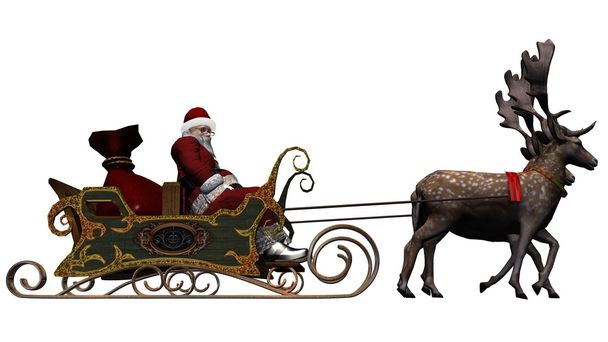 Άγιος Βασίλης με έλκηθρο και τάρανδοι - απομονώνονται σε λευκό φόντο - Φωτογραφία, εικόνα