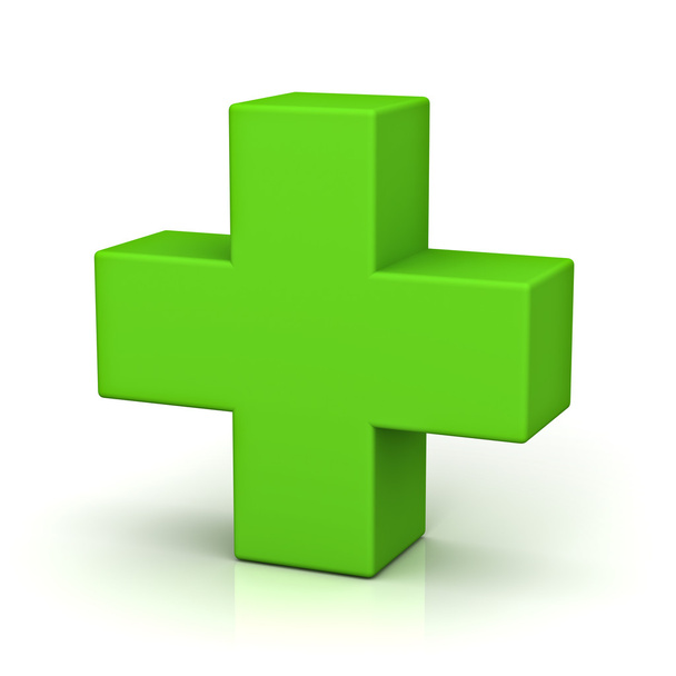 Zöld pluszjel, fehér háttér, reflexió elszigetelt - Fotó, kép