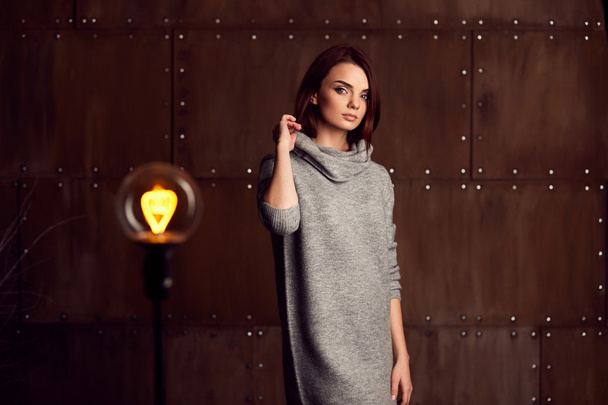 Young beautiful model posing in studio in grey dress - Fotoğraf, Görsel
