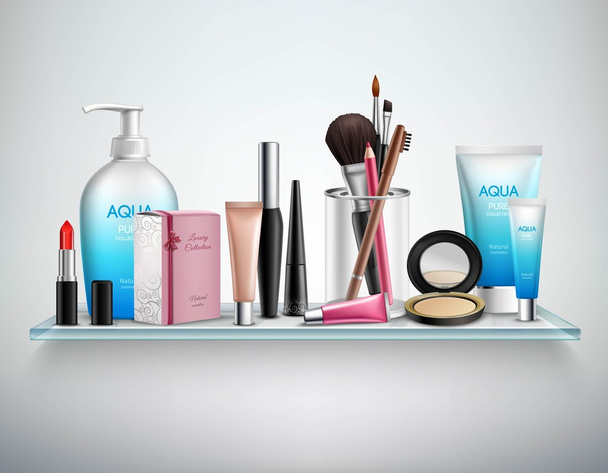 Maquillaje cosméticos accesorios estante realista imagen
  - Vector, Imagen