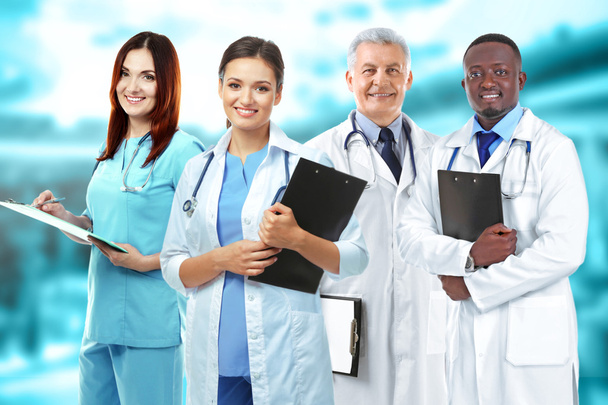 Medical team on blurred hospital background, Health care concept - Foto, imagen