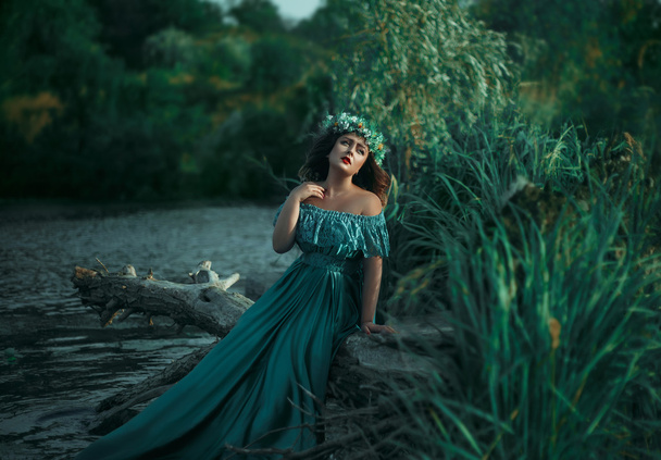 Luxury witch in a long green dress  for lake - Foto, afbeelding