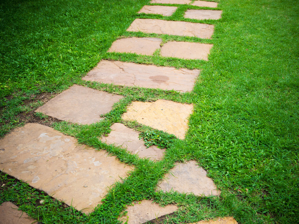Stone block walk way in garden with green grass background - Photo, Image