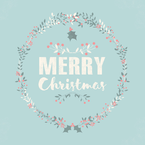 Merry Christmas postcard with lettering and floral wreaths - Vektör, Görsel