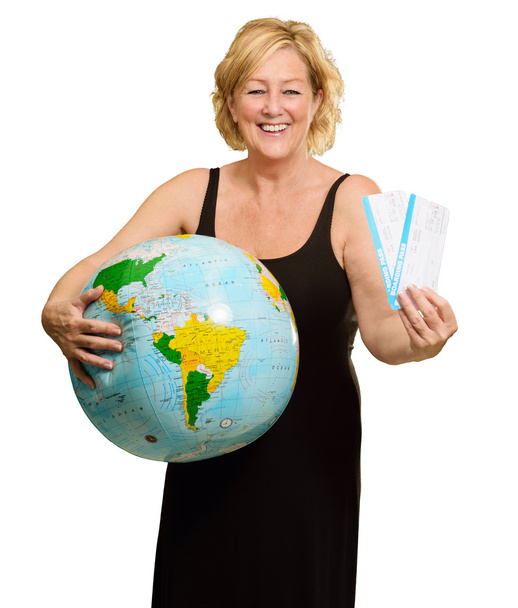 Женщина, стоящая с миром глобуса и интерната проходы
 - Фото, изображение
